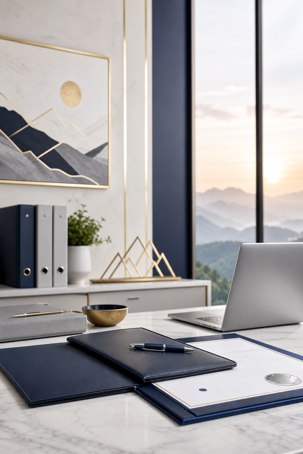 Bright professional consulting workspace in navy, gold, white, and silver tones